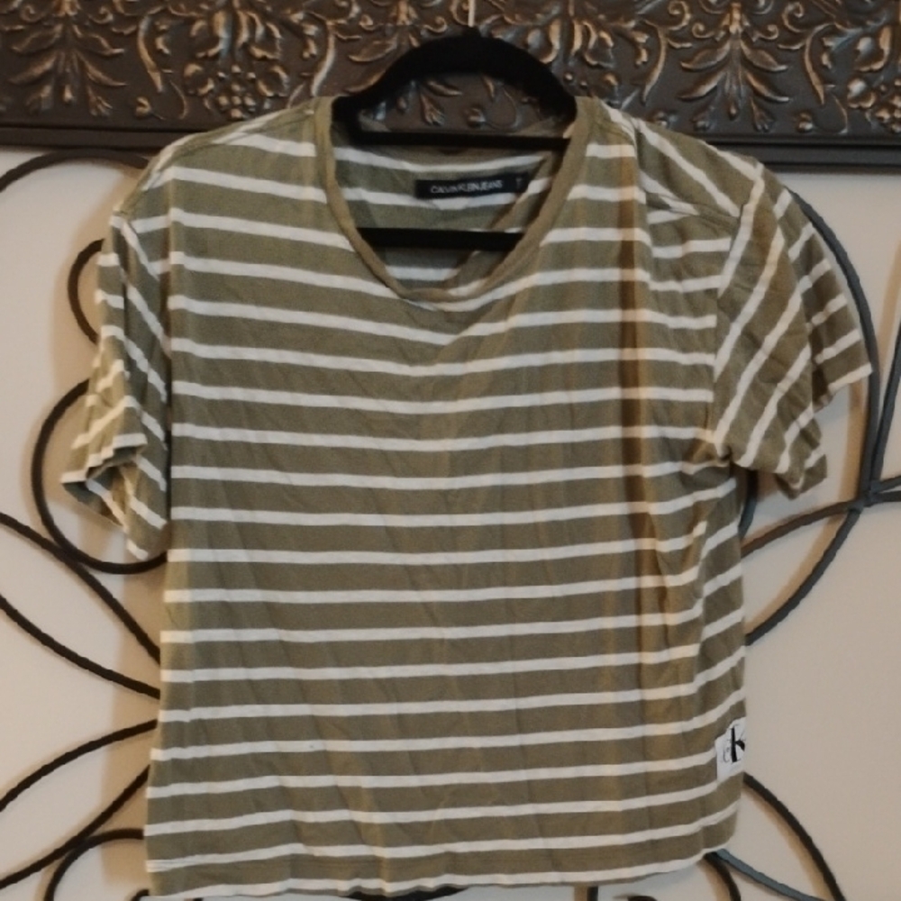 Calvin Klein Olive and White Striped Top